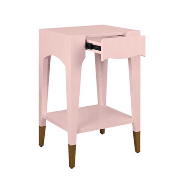 Worlds Away Matthew Izzo Home Patti Glossy Pink Lacquer One Drawer Side Table With Antique Brass Foot Caps For Sale - Image 4 of 7