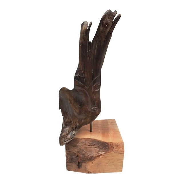 2017 Handcarved Wood Face on Stand Sculpture For Sale