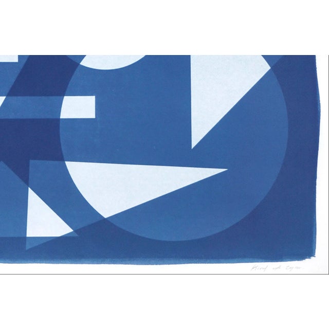 Mid-Century Modern 2022, Space Age Style Monotype " Futurist Transparent Shapes", Handmade Unique Cyanotype on Watercolor Paper For Sale - Image 3 of 9