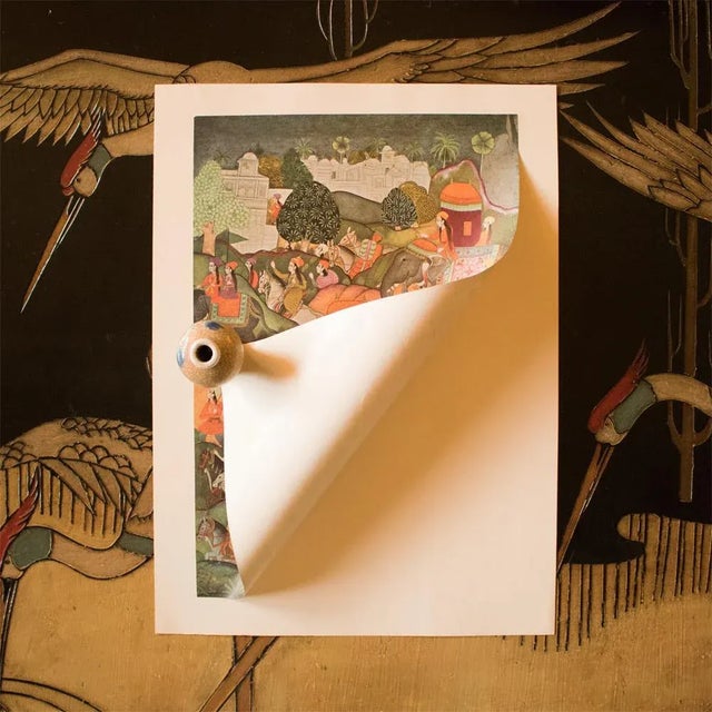 1950 Princess Voyaging in a Palanquin, Gold-Leafed Parisian Offset Lithograph For Sale - Image 10 of 13