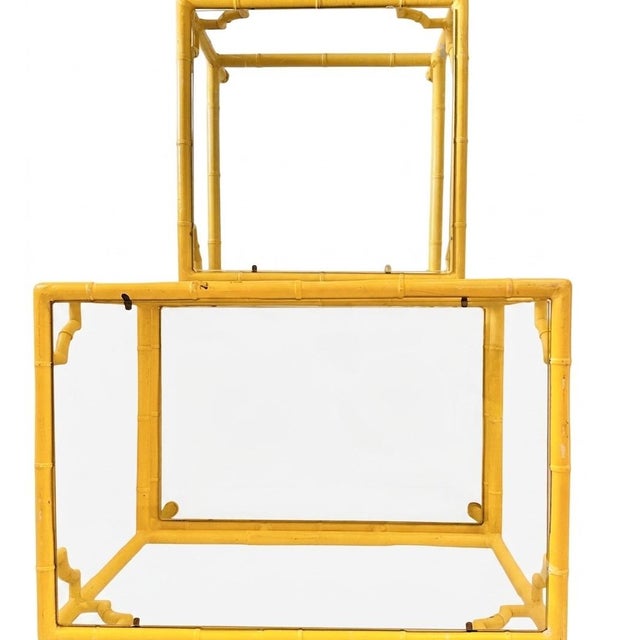 Meadowcraft Pair of Vintage Meadowcraft Palm Beach Style Faux Bamboo Side Tables in a Custom Canary Yellow For Sale - Image 4 of 9