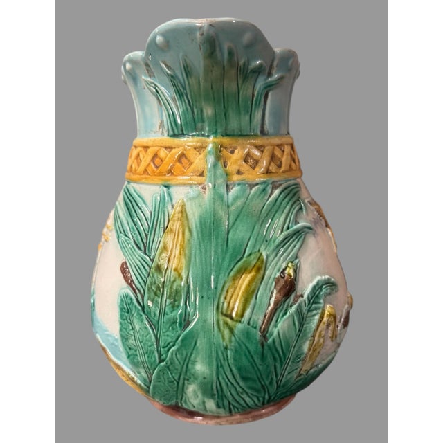 Blue Antique Victorian Majolica 7.5" Pitcher With Heron Flying Over a Pond Setting For Sale - Image 8 of 12