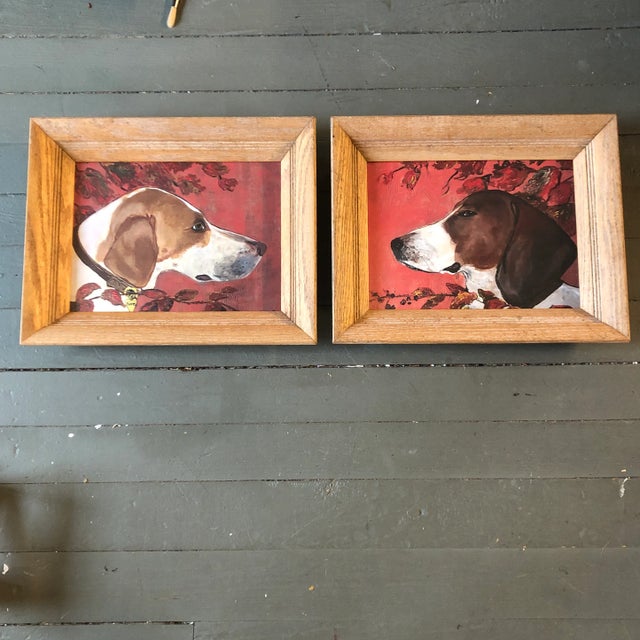 2010s Gallery Wall Collection 2 Contemporary Foxhound Dog Prints by Judy Henn Oak Frames- a Pair For Sale - Image 5 of 5