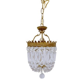 1920s Brass Crystal Basket Pendant Light For Sale