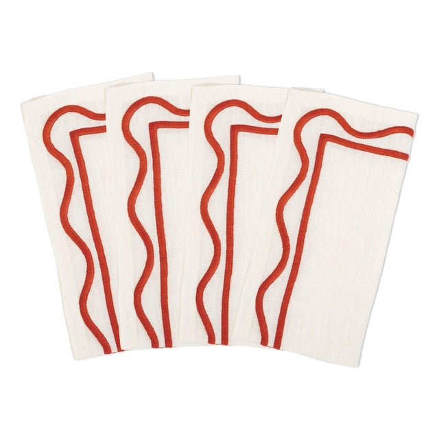 Colorblock Rust Embroidered Linen Napkins, Set of 4 For Sale