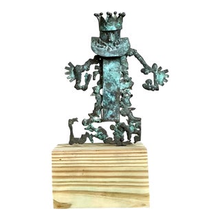 Vintage Patinated Metal Sculpture on Wood Base For Sale