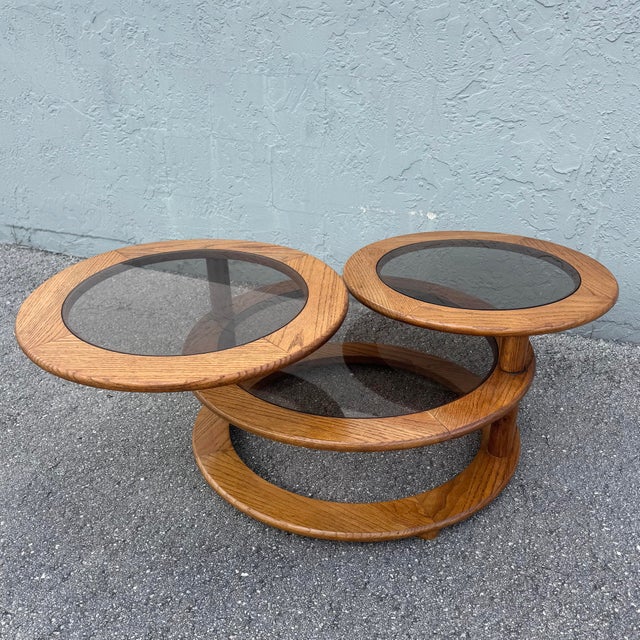 Mid Century Modern Three Tier Oak and Smoked Glass Swivel Coffee Table For Sale - Image 9 of 10