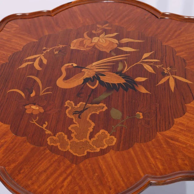 Early 20th Century Heron Satinwood Marquetry Scalloped Triple Pedestal Side Tables - a Pair For Sale - Image 6 of 13