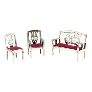 Two-Seater Sofa with Two Silver Chairs in Red Velvet, Set of 3 For Sale