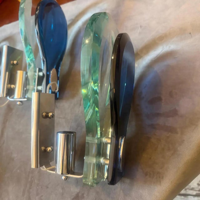 Two 1960s. Space Age Steel and Blue and Verde Nilo Glass Wall Sconces by Veca For Sale - Image 11 of 15