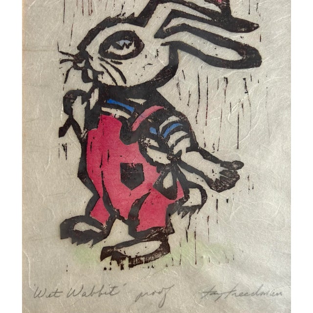 1970s Vintage Framed Woodcut Print of Bunny Rabbit in Rain For Sale - Image 5 of 6