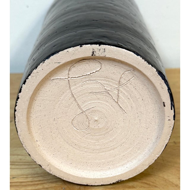 Large Monochrome Black Glazed Studio Pottery Vase with Pierced Openings, Signed For Sale - Image 11 of 11