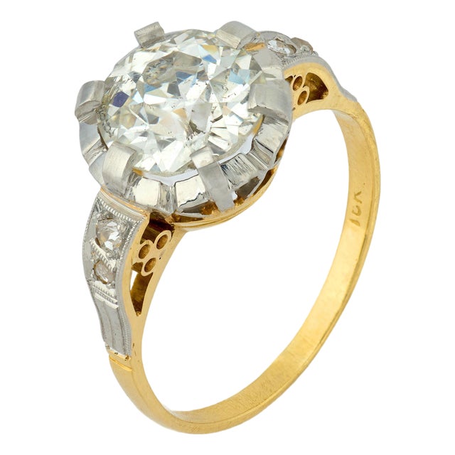 Antique Gia 2.04 Carat Old European Cut Diamond 18k Yellow Gold Platinum Ring, Size 6 For Sale