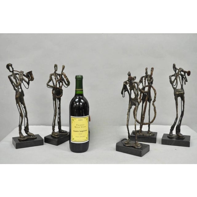 Contemporary Brutalist Style Bronze & Marble Jazz Musician Band Figures - 5 Pc Set. Circa Late 20th Century. Measurements:...
