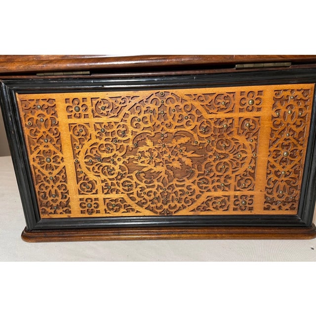 Brown High Quality 1800's Antique Handmade Carved Wood Ornate Brass Jewelry Box Casket For Sale - Image 8 of 16