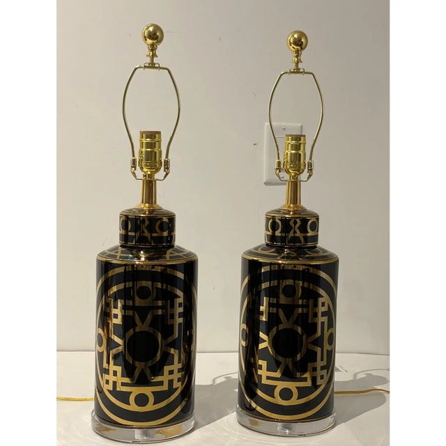 Table Lamps 1950s Gold on Black Mid-Century Modern - A Pair For Sale - Image 11 of 15