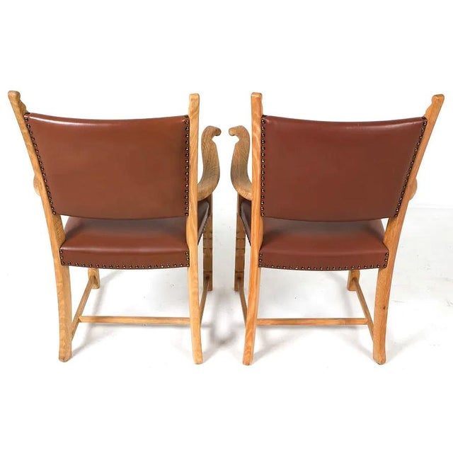 Henning Kjaernulf Pair Danish Modern Carved Armchairs W Leather Upholstery For Sale - Image 4 of 7