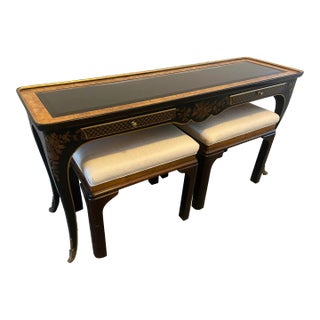 20th Century Chinoiserie Drexel Et Cetera Heritage Ebonized & Burl Wood Console Table & Stools - 3 Pieces For Sale