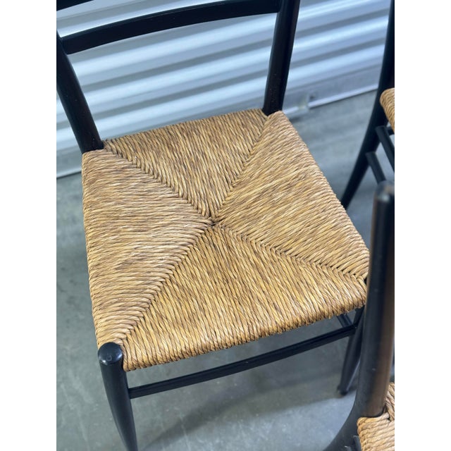 Textile Set of 5 Italian Black Ladder Back Dining Chairs With Rush Seats, 1960s For Sale - Image 7 of 12