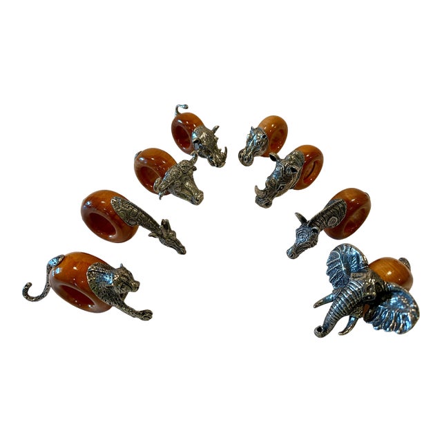 Vintage 1980s Makoulpa South African Pewter & Wood Safari Animal Napkin Rings – Set of 8 For Sale