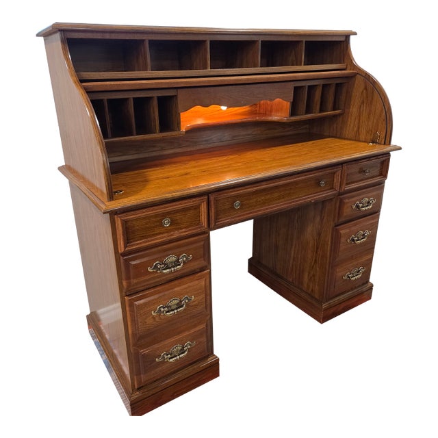 Vintage Riverside Furniture Oak Roll Top Desk With Locking Drawer & Brass Hardware For Sale