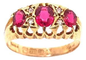 18 Karat Yellow Gold Three-Stone Ruby Ring Band With Diamond Accents
