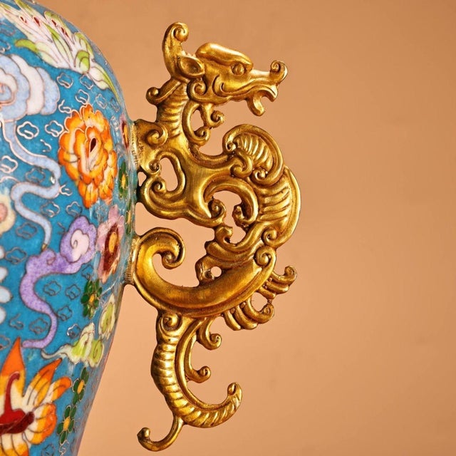 Monumental Chinese Cloisonné Vase | Gilt Bronze Dragon Handles & Dove Motif For Sale In Los Angeles - Image 6 of 9