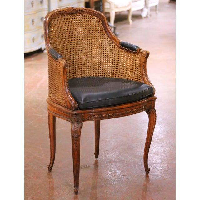 Wood 19th Century French Louis XV Walnut Double Caned Armchair With Leather Cushion For Sale - Image 7 of 11