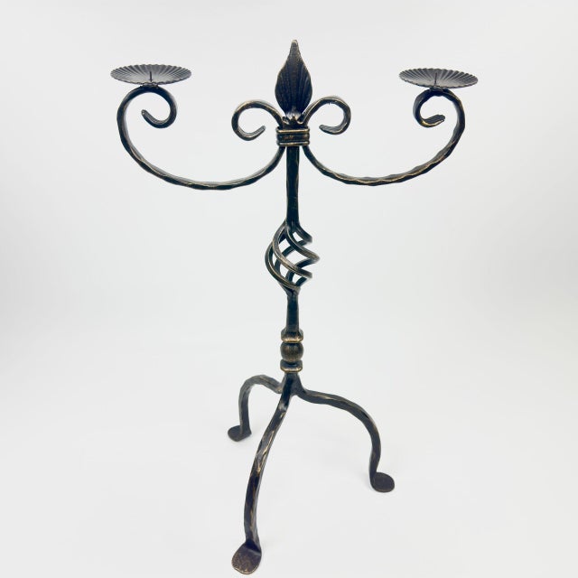 Hand Forged Iron Candelabra 24.5″ (62cm) Antique Gold Patina Finish 2-Arm Royal Scrolled Mantel Decor For Sale - Image 6 of 7