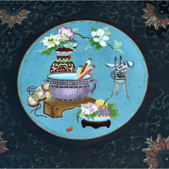 Wood Coffee Table Painted Black Lacquer Chinese Cloisonne Enamel Panels 36" For Sale - Image 4 of 12