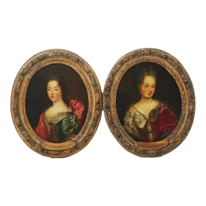 Century Antique French Noble Females, Oil Portrait Paintings, Set of Two!!