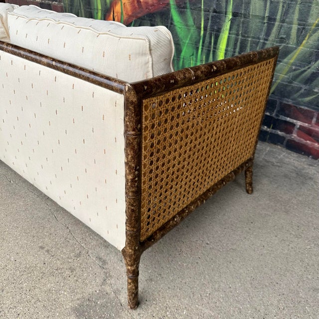 Wood Vintage Faux Bamboo Sofa With Caned Arms in Style of Robsjohn Gibbings Mid-Century Modern For Sale - Image 7 of 12