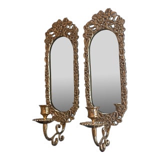 Vintage Hampton Brass Floral Motif Mirrored Candle Sconces - a Pair For Sale