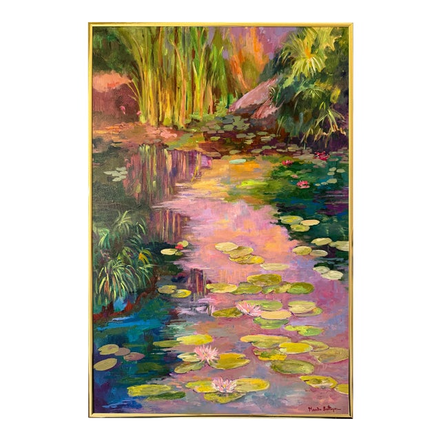 Impressionistic "Water Lily Pond" Oil on Canvas by Marion Saltzman For Sale