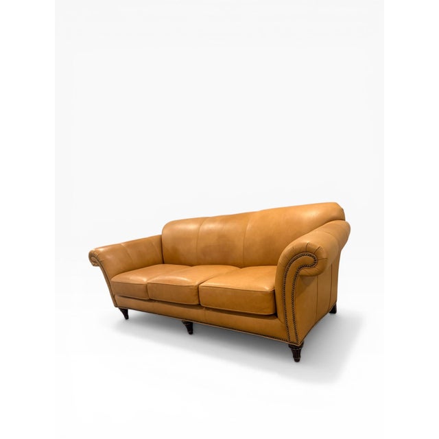 Traditional Late 20th Century Hancock & Moore Caramel Leather Sofa With Nailhead Trim – Rolled Arm, Usa, 90” For Sale - Image 3 of 14