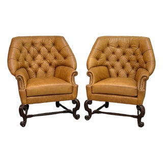 Pair of Chesterfield Style Leather Wingback Chairs For Sale