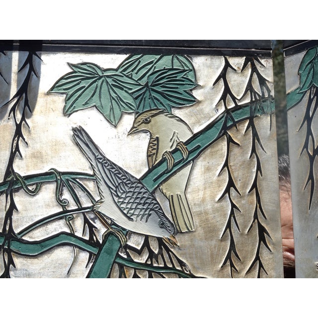 Vintage Silver Chinese Asian Six Panel Screen ~ Room Divider W Heron Birds For Sale - Image 15 of 18