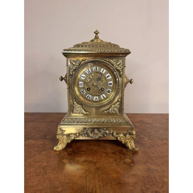 Outstanding quality large antique Victorian ornate brass mantle clock, having a fantastic ornate brass detailed case...