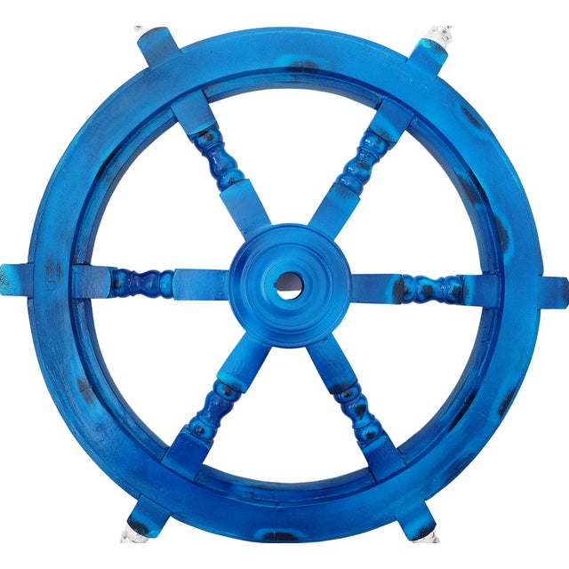 Early 19th Century Antique Vintage Nautical Handcrafted Blue Wooden Ship Wheel With Aluminium Hub & Handle For Sale - Image 5 of 6