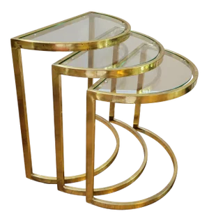 1960s Hollywood Regency Brass Demilune Nesting Tables - Set of 3