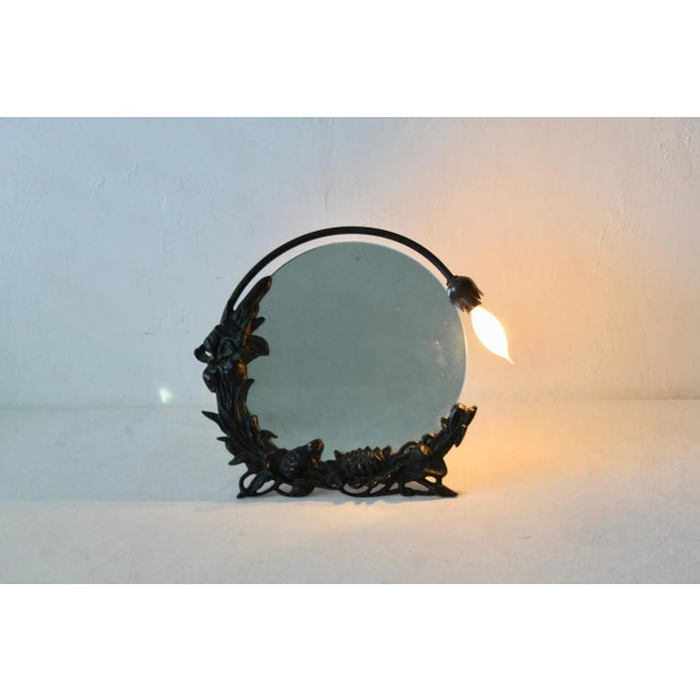 Vintage Art Nouveau Style Bronze Table Top Mirror Flowers Frog Dragonfly Detail With Light For Sale - Image 9 of 13
