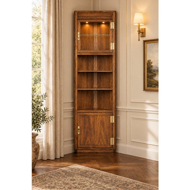 1970s Campaign Vintage Henredon Lighted Oak Corner Display Cabinet With Glass Door For Sale - Image 15 of 15