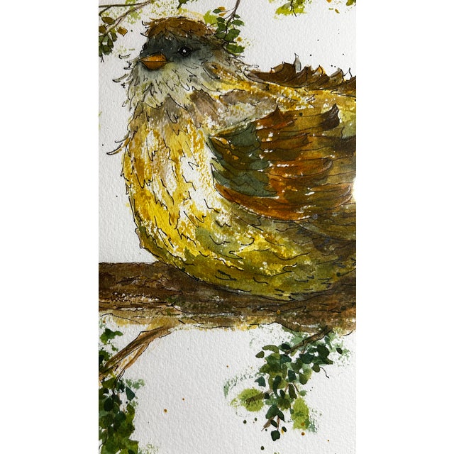 Original Watercolor Ink and Wash Painting “Poofy Bird” For Sale - Image 6 of 8
