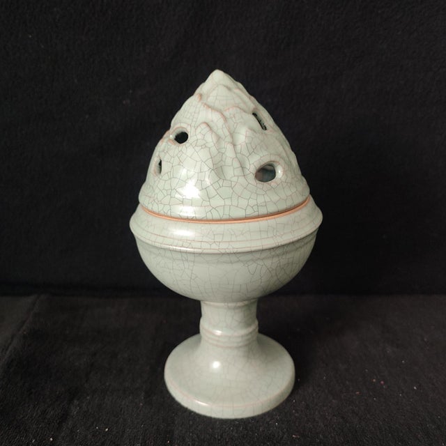 Art Deco Chinese Ceramic Censer,Guan Ware Crackle Glaze Celadon Porcelain Incense Burner Hand Carved Flowers Pattern For Sale - Image 3 of 10