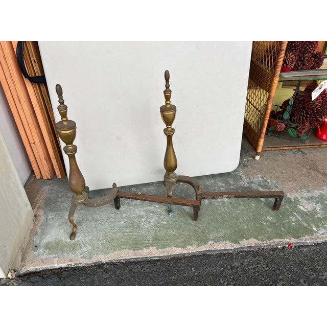 English Antique Brass Cast Iron Colonial Federal Fireplace Hearthware Andiron Fire Dogs For Sale - Image 3 of 4