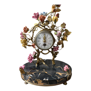 1920s French or Continental Gilt Bronze and Porcelain Floral Mantel Clock on Marble Base