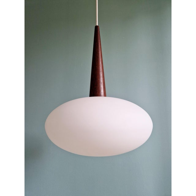 Tan Scandinavian Pendant Light in Teak and White Opaline Glass by Louis Kalff for Philips, 1960s For Sale - Image 8 of 15