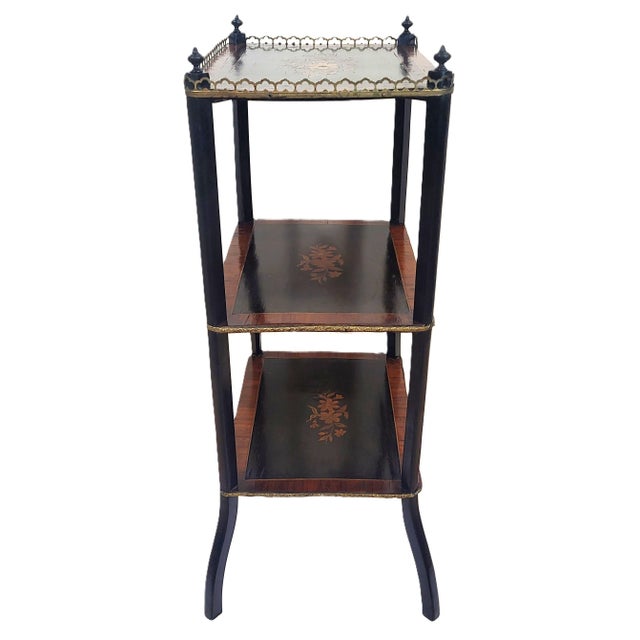 Wood 19th C French Inlaid 3 Tier Rosewood Ebony & Bronze Gallery Table Stand Etegere For Sale - Image 7 of 15