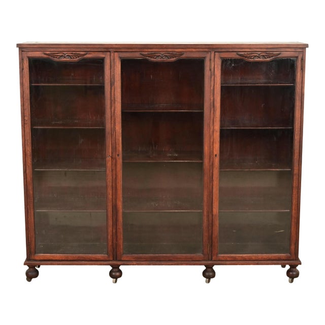 Berkey & Gay Antique Victorian Carved Mahogany Triple Bookcase or Display Cabinet, Circa 1890s For Sale