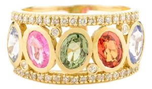 14k Solid Gold Rainbow Sapphire Band Ring With Diamond Accents Size 7
